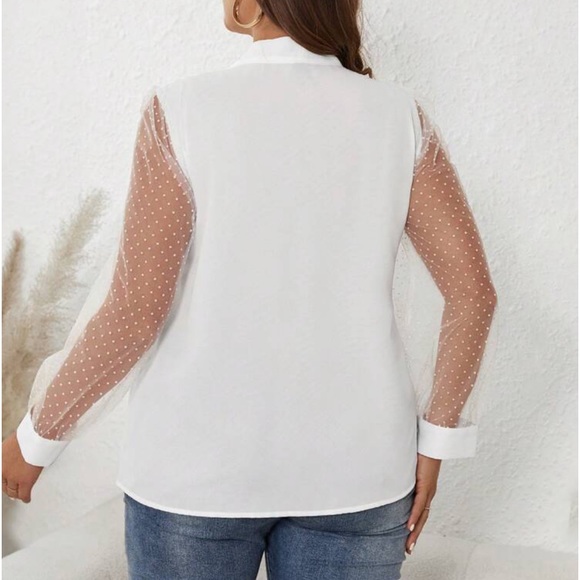 Plus Size Sheer Mesh Lace Polka Dots Tie Top Button Down Shirt Blouse Black - Picture 8 of 12